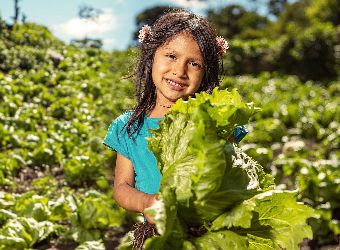  Une jeune fille souriante, dont les cheveux sont retenus par deux fleurs, tient une brassée de légumes verts. Elle se tient dans un champ de légumes verts à feuilles. 