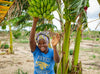 Une jeune femme sourit et fait signe à l’objectif tout en attrapant un régime de bananes dans un arbre.