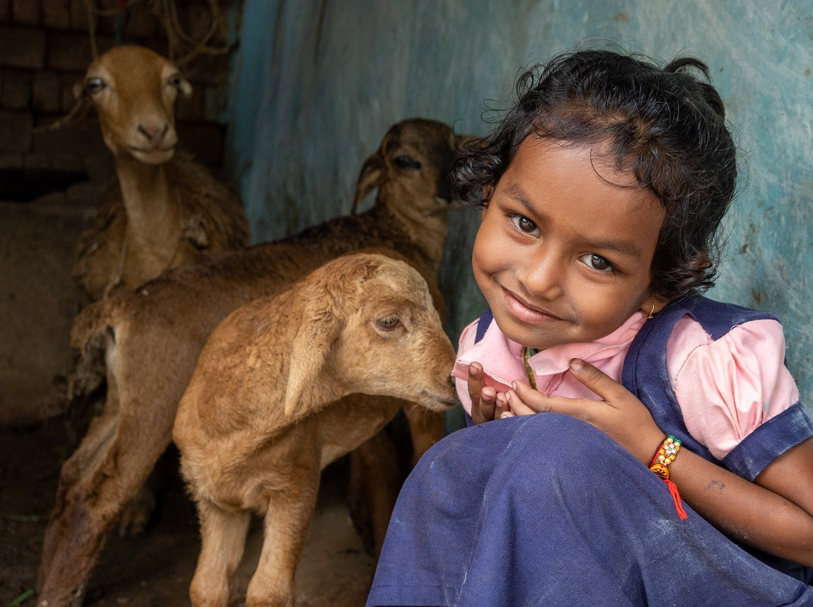 Une enfant à la robe bleue et rose est assise près de trois petits agneaux bruns et sourit à l’objectif.