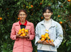 Une femme âgée et une adolescente sourient à l'objectif.  Elles tiennent des oranges dans leurs mains et se tiennent devant des orangers. 